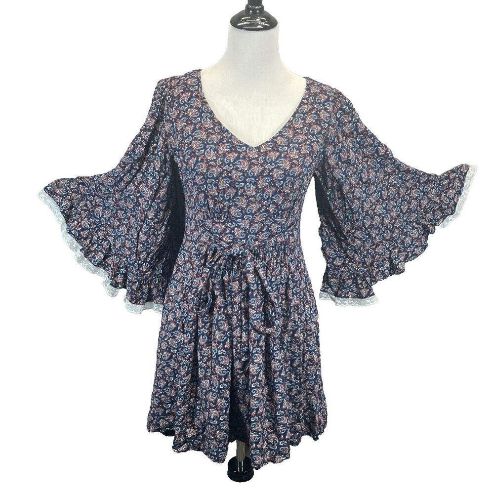 ModCloth Womens M Blue/Red Paisley Fit & Flare Dress Boho Cottage Romantic Goth